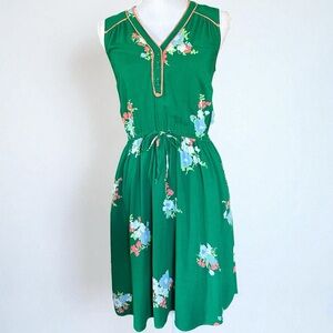 ModCloth Womens Retro Green Floral Sleeveless Mini Dress Elastic Tie Waist Small